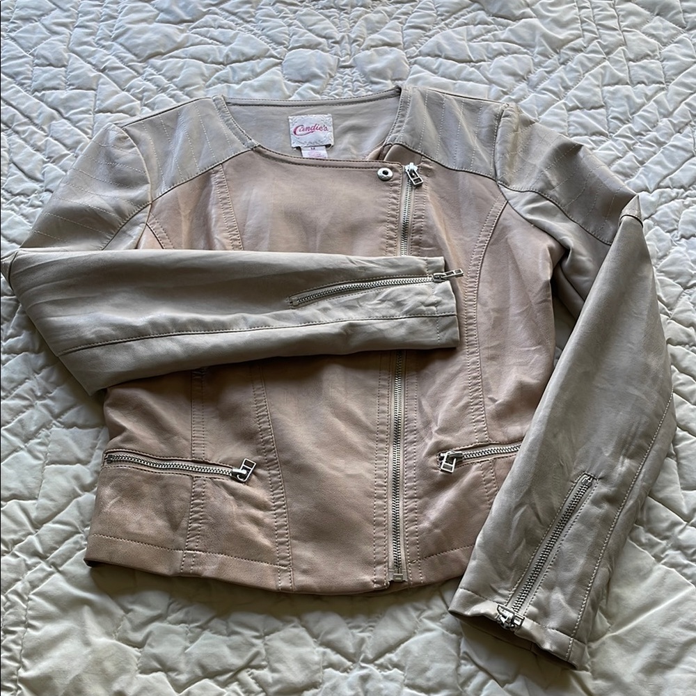 Candie's Tan Leather Moto Jacket Asymmetrical Design